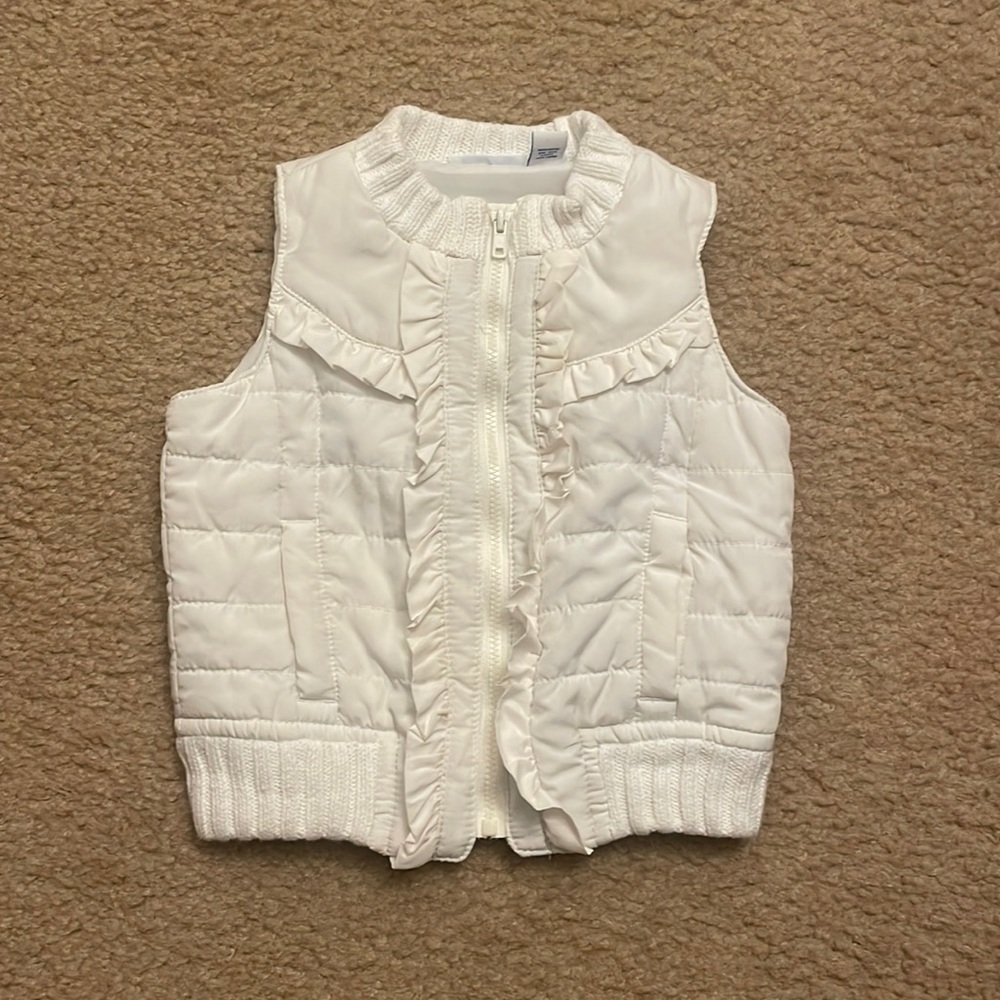 Baby Girl Greendog White Ruffle Puffer Vest. Size 12M